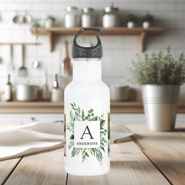 Monogram Two Photos | Personalized Greenery Frame Stainless Steel Water Bottle (Creator Uploaded)