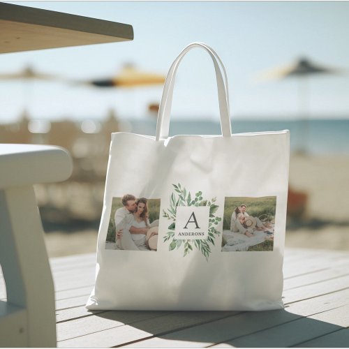 Monogram Two Photos  Personalized Greenery Frame Tote Bag