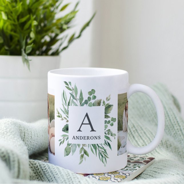 Monogram Two Photos | Personalized Greenery Frame Two-Tone Coffee Mug (Creator Uploaded)