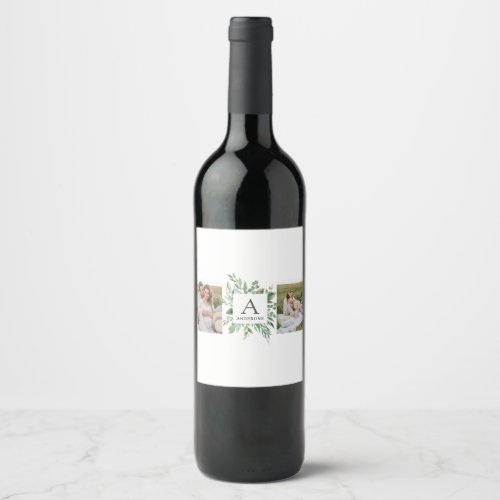 Monogram Two Photos  Personalized Greenery Frame Wine Label