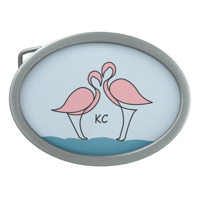 Monogram Two Pink Flamingos on the Water Belt Buckle (Front)