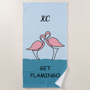 Monogram Two Pink Flamingos on the Water Quote Beach Towel