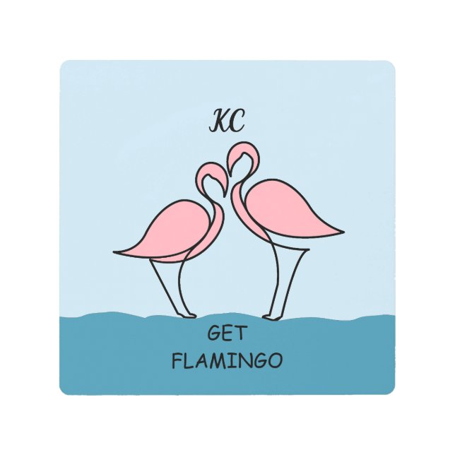 Monogram Two Pink Flamingos on the Water Quote Metal Print (Front)