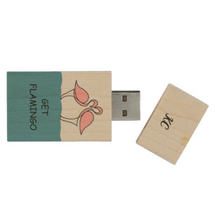 Monogram Two Pink Flamingos on the Water Quote Wood Flash Drive
