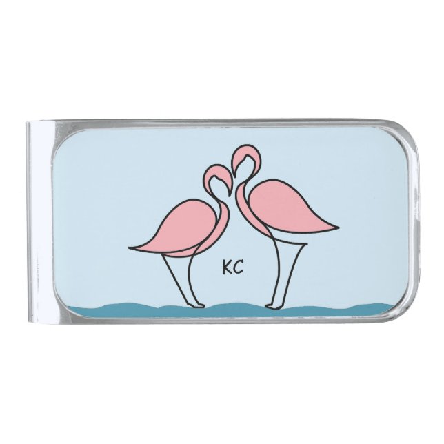 Monogram Two Pink Flamingos on the Water Silver Finish Money Clip (Front)