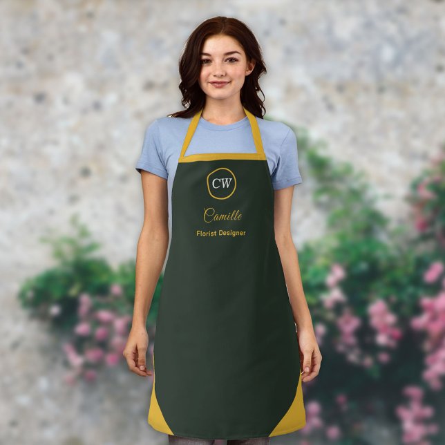 Monogram Two Tone Gold & Forest Green Apron (Monogram Two Tone Gold & Forest Green Apron)