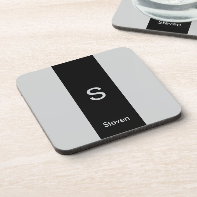 Monogram Two Tone Modern Black and Grey Beverage Coaster (Left Side)