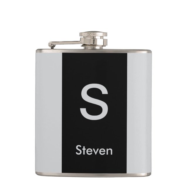 Monogram Two Tone Modern Black and Grey Flask (Front)