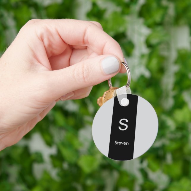 Monogram Two Tone Modern Black and Grey Keychain (Hand)
