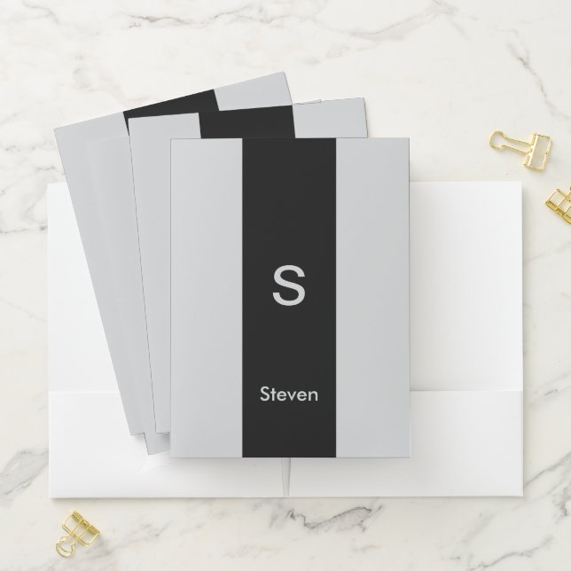 Monogram Two Tone Modern Black and Grey Pocket Folder (In Situ)