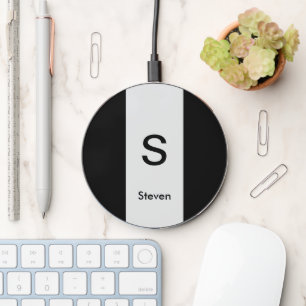 Monogram Two Tone Modern Black and Light Grey Wireless Charger