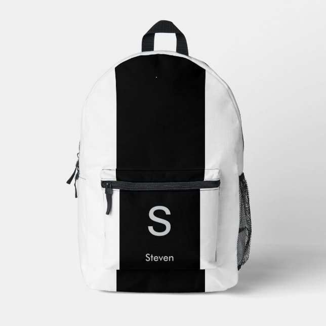 Monogram Two Tone Modern Black and White Printed Backpack (Front)