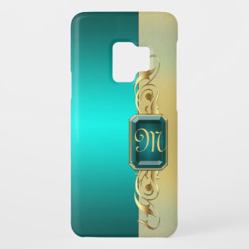 Monogram Two Tone Teal Faux Jeweled Gold Scroll Case-mate Samsung Galaxy S9 Case by TheInspiredEdge at Zazzle