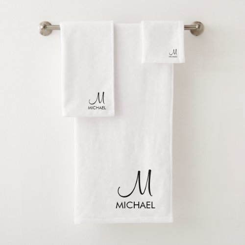 Monogram Typography Black White Custom Initial Bath Towel Set