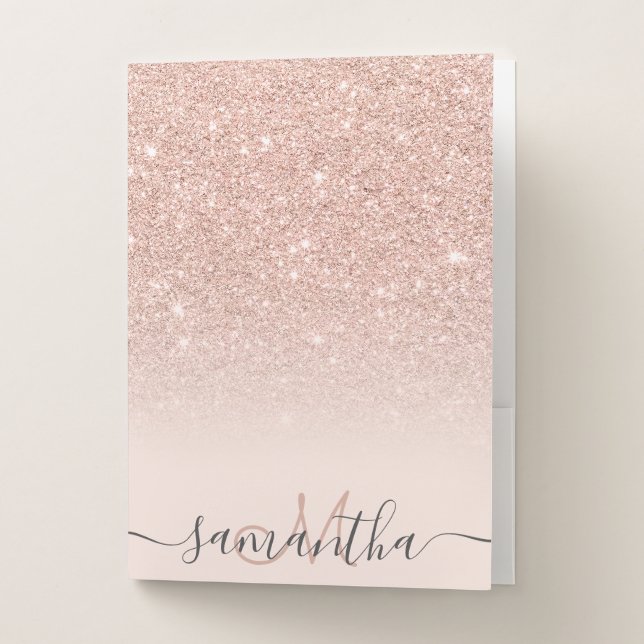 Monogram typography blush rose gold glitter ombre pocket folder (Front)