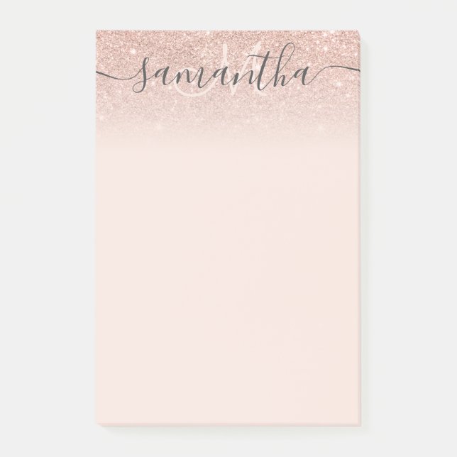Monogram typography blush rose gold glitter ombre post-it notes (Front)