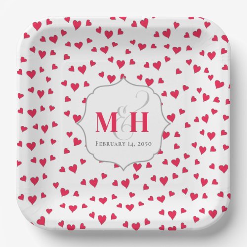 Monogram Typography Cute Stylish Red Hearts Paper Plates