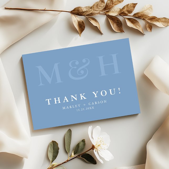Monogram Typography Dusty Blue Wedding Thank You Card (Creator Uploaded)