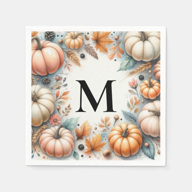Monogram typography Fall pumpkins watercolor  Napkins (Front)