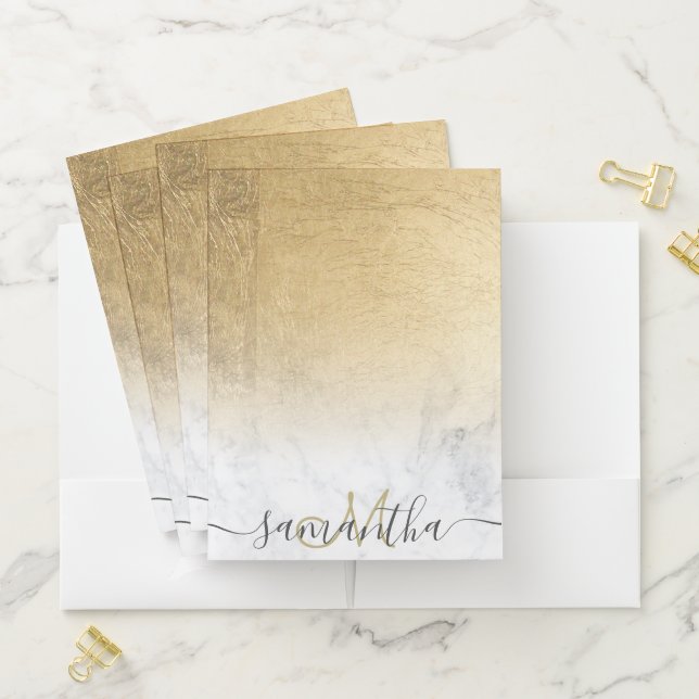 Monogram typography marble chic gold foil ombre pocket folder (In Situ)