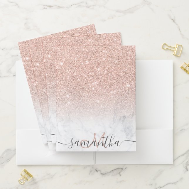 Monogram typography marble rose gold glitter ombre pocket folder (In Situ)
