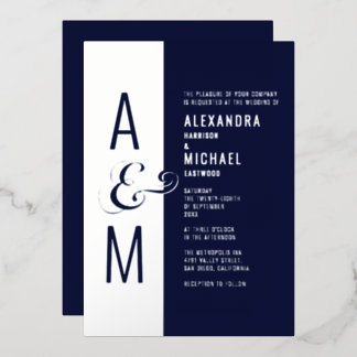 Monogram Typography Navy Blue Silver Wedding Foil Invitation