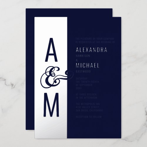 Monogram Typography Navy Blue Silver Wedding Foil Invitation