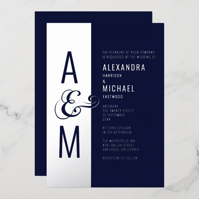 Monogram Typography Navy Blue Silver Wedding Foil Invitation (Front/Back)