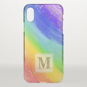 Monogram Typography Watercolor Gold & Rainbow iPhone X Case
