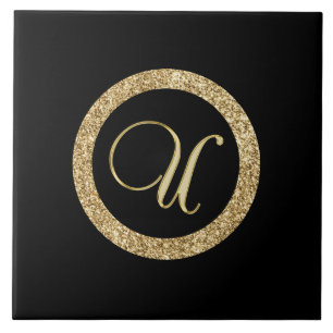 Monogram U, gold on midnight black, Ceramic Tile