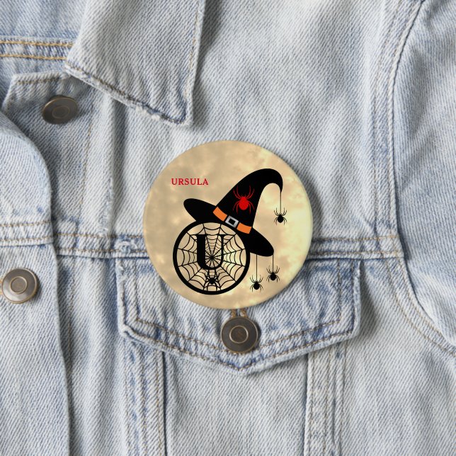 Monogram U Halloween Sky Witch Spiders Name Button (In Situ)