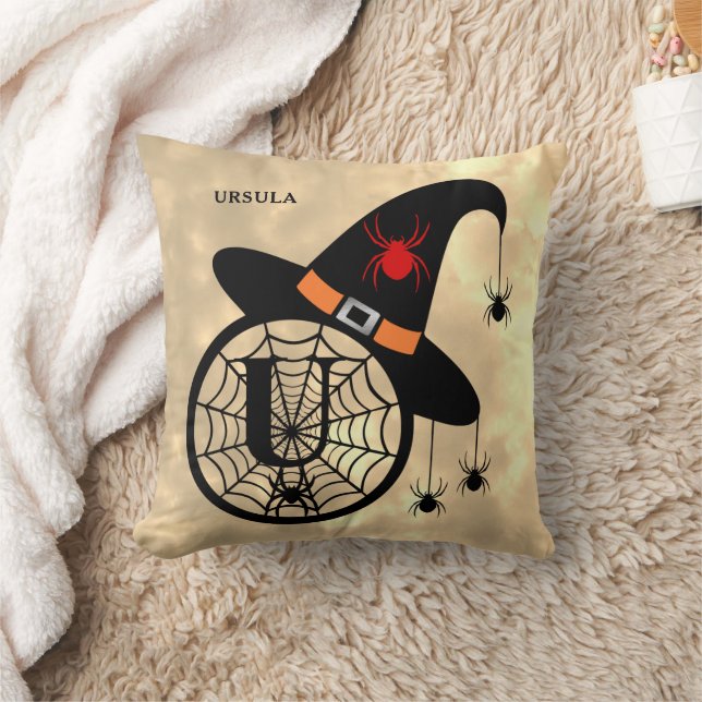Monogram U Halloween Sky Witch Spiders Name Throw Pillow (Blanket)
