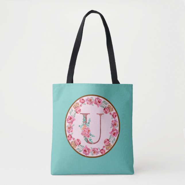 Monogram U Letter with Peony Flower Image Tote Bag (Front)