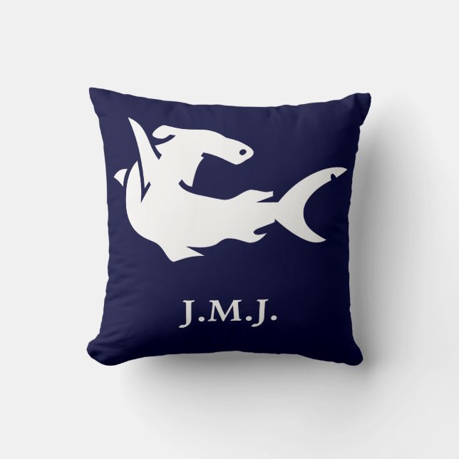 Monogram under white shark on navy blue throw pillow (Front)