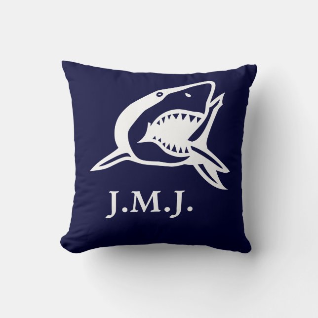 Monogram under white shark on navy blue throw pillow (Front)