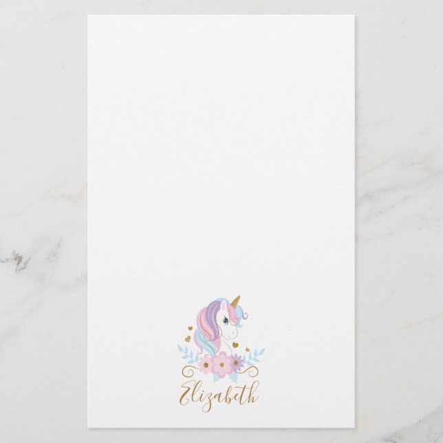 Monogram Unicorn Pink Blue Gold, Girly Stationery (Front)