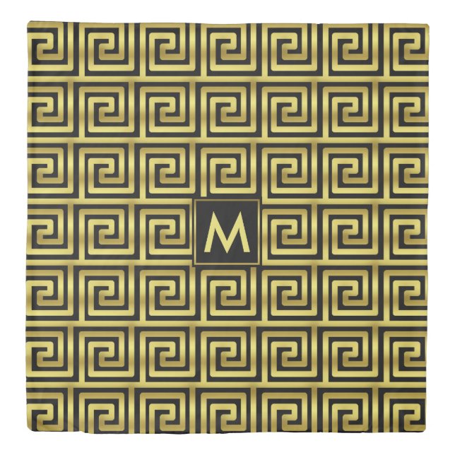 Monogram Upscale Black Faux Gold Greek Key Classy Duvet Cover (Front)
