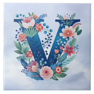 Monogram 'V' decorative floral design Ceramic Tile