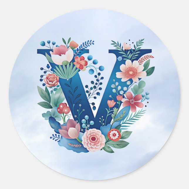 Monogram 'V' decorative floral design Classic Round Sticker (Front)
