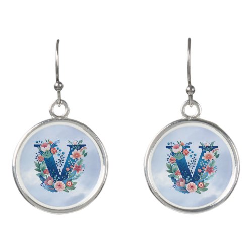 Monogram V decorative floral design Earrings