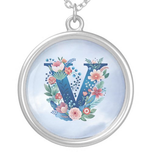 Monogram V decorative floral design Silver Plated Necklace