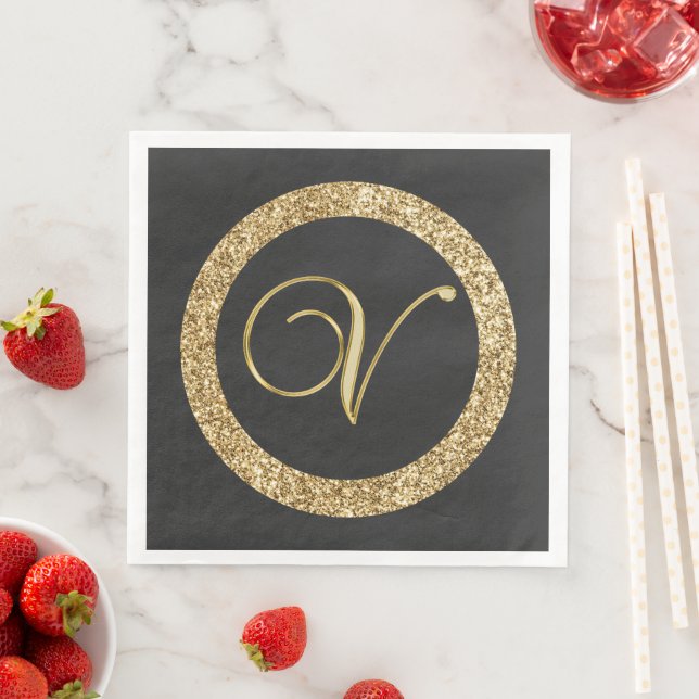 Monogram V, elegant golden script Paper Dinner Napkins (Insitu)