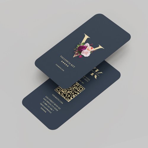 Monogram V Floral Professional Dark Blue Gold  Business Card