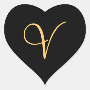 Monogram V,  gold colored initial V on black, Heart Sticker
