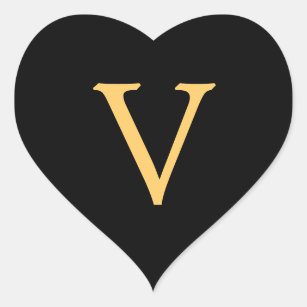 Monogram V,  gold colored initial V on black,  Heart Sticker