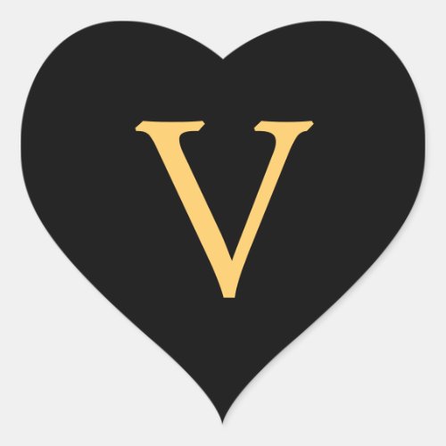 Monogram V  gold colored initial V on black  Heart Sticker