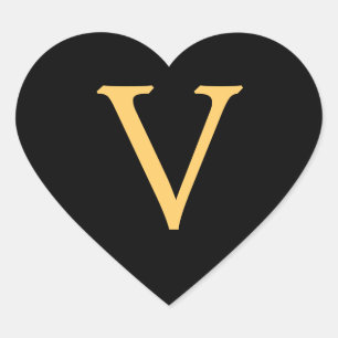 Monogram V,  gold colored initial V on black,  Heart Sticker