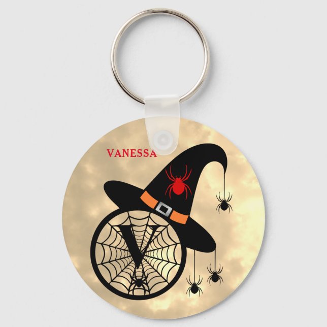 Monogram V Halloween Sky Witch Spiders Name Keychain (Front)