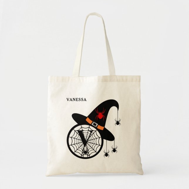 Monogram V Halloween Witch Spiders Your Name Tote Bag (Front)