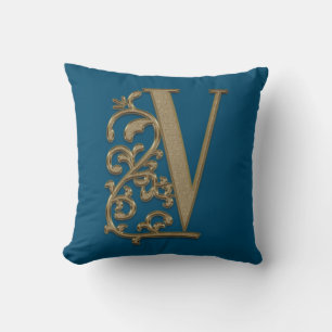 Monogram V Ocean Blue Wedding Birthday Throw Pillow